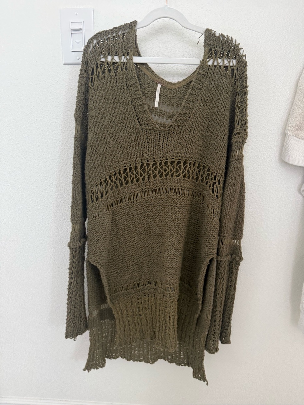 Free People Olive Open-Knit V-Neck Women's Sweater